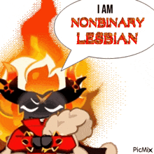 a cartoon character with horns and a speech bubble that says " i am nonbinary lesbian "