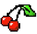 a pixel art of a cherry with a green leaf