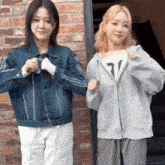 two girls are standing next to each other in front of a brick wall and making funny faces .