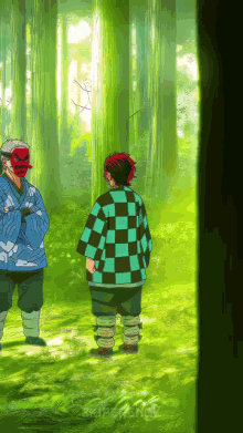 a man in a plaid shirt stands next to another man in a mask in a forest