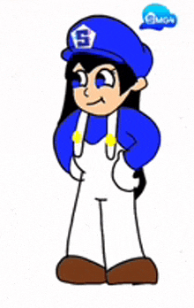 a cartoon character wearing a blue hat and overalls is standing on a white background .