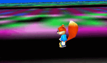 a cartoon squirrel in a blue shirt is standing on a colorful background