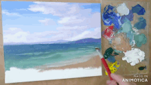 a painting of a beach is being painted by a person
