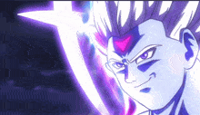a close up of a cartoon character with a purple and white background