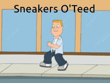 a cartoon of a man walking on a sidewalk with the words sneakers o'teed written above him