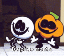 a cartoon of a skeleton and a pumpkin with the words isa pride month written below them