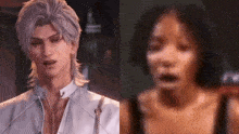 a man and a woman are standing next to each other and looking at each other in a blurry photo .