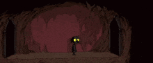 a cartoon character with yellow eyes stands in a dark cave