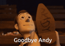 woody from toy story is holding a shoe that says andy on it