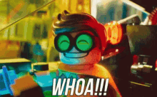 a lego character says whoa !!! while wearing goggles