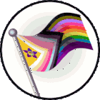 a rainbow flag with a purple flower on it is in a circle