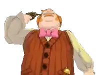 a man in a suit and bow tie is pointing a gun at his head