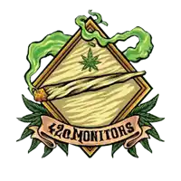 a logo for 420 monitors with a marijuana leaf and smoke coming out of it