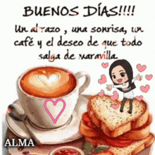 a cup of coffee is on a saucer next to a stack of toast with a heart on it .