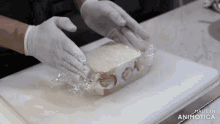 a person wrapping a sandwich in plastic wrap with the words made in animatica visible