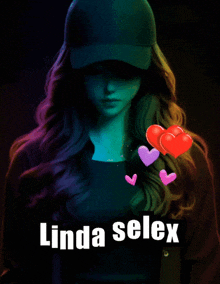 a poster with a woman in a baseball cap and the name linda selex