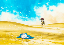 a cartoon drawing of a boy and a sleeping animal