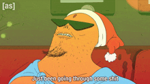 a cartoon of a man wearing sunglasses and a santa hat with the words just been going through some shit below him