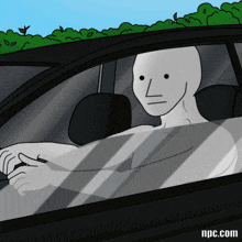 a cartoon of a man driving a car with the website npc.com below him