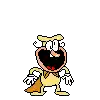 a pixel art drawing of a cartoon character wearing a cape and a bow tie .