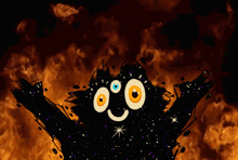 a cartoon drawing of a monster with a smile on its face surrounded by flames