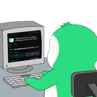 a cartoon character is looking at a computer screen with abster market cap above $ 375m