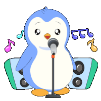 a penguin is singing into a microphone with music notes behind it
