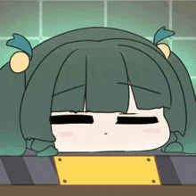 a cartoon of a girl with green hair and yellow ears laying down