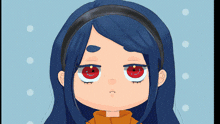 a girl with blue hair and red eyes is wearing a black headband
