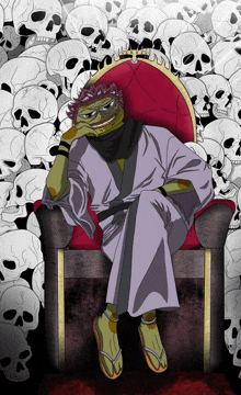 a frog is sitting in a chair with skulls in the background