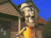 a cartoon character is standing in front of a wooden building .