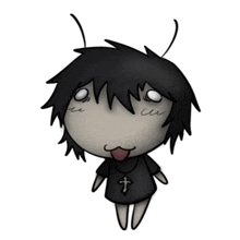 a drawing of a person with a cross on their shirt sticking out their tongue