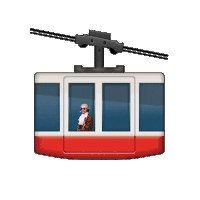 a red and white cable car with a man wearing headphones standing in the window