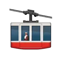 a red and white cable car with a man wearing headphones standing in the window