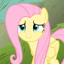 a cartoon pony with pink hair and blue eyes looks sad