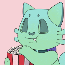 a cartoon cat is holding a bucket of popcorn in its paws