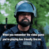 a man with a beard is wearing a helmet and has a patch that says fedra