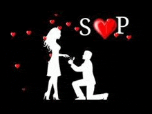 a man is kneeling down to propose to a woman with hearts around them .