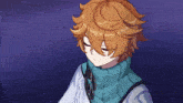 a boy with orange hair is wearing a blue scarf