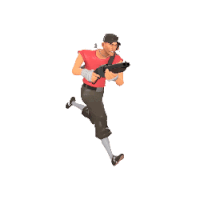 a man in a red shirt is running with a gun in his hand .