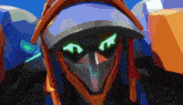 a blue and orange robot with green eyes