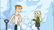 a cartoon of a man and a woman standing next to each other with a shovel