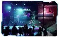 a group of people are dancing in front of a stage that has a sign that says ' l ' on it