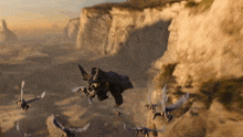 a group of birds are flying over a cliff