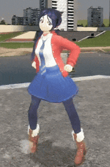 a girl in a blue skirt and brown boots is standing on the ground