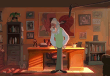 a cartoon of a man standing in front of a desk with a picture of spider man on the wall behind him