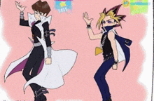 a cartoon of two anime characters standing next to each other on a purple background .