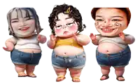 three cartoon characters are standing next to each other with their faces on their shirts