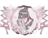 a drawing of a girl with wings holding a pink rose