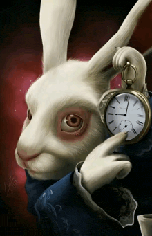a white rabbit is holding a pocket watch and pointing at the time